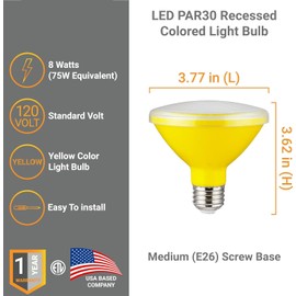Diodesy- LED PAR30 Yellow Flood Light Bulb 8W (75W Equivalent) E26 Medium Base Shatterproof Short Neck Colored Recessed Reflector Spotlight Wet Rated for Backyard Garage Porch Garden Pack of 3