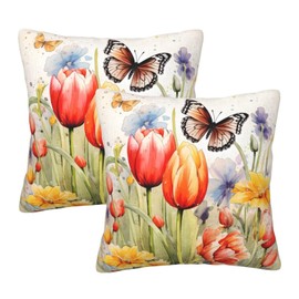 Yopiiefa Spring Floral Butterfly Throw Pillow Covers 18x18 Set of 2 Tulip Flower Butterfly Decorative Pillow Cover Farmhouse Pillowcases for Sofa Couch Bed Home Car Decor