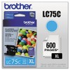 Brother LC75C High Yield (XL Series) Cyan Cartridge Ink, 600
