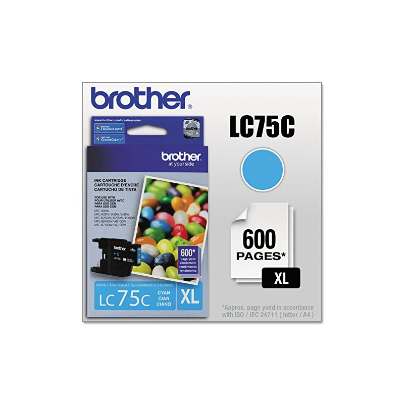 Brother LC75C High Yield (XL Series) Cyan Cartridge Ink, 600