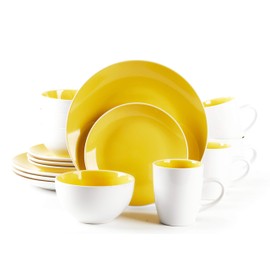 HomeVss, Stoneware Coupe 16pc Dinnerware Set, Outside White + Inside Yellow