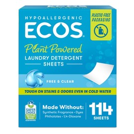 ECOS Laundry Detergent Sheets Vegan, No Plastic Jug, No Mess & Liquid Free - Hypoallergenic, Plant Powered Laundry Detergent Sheet – Free and Clear - 114 Count (Pack of 1)