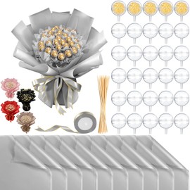 Funnymoom 71 Pcs DIY Chocolate Flower Bouquet Kit Graduation 2025 Candy Rose Clear Acrylic Lollipop Ball Holder Mother's Day Flower Wrapping Paper Ribbon Accessories Birthday Gift(Silver)