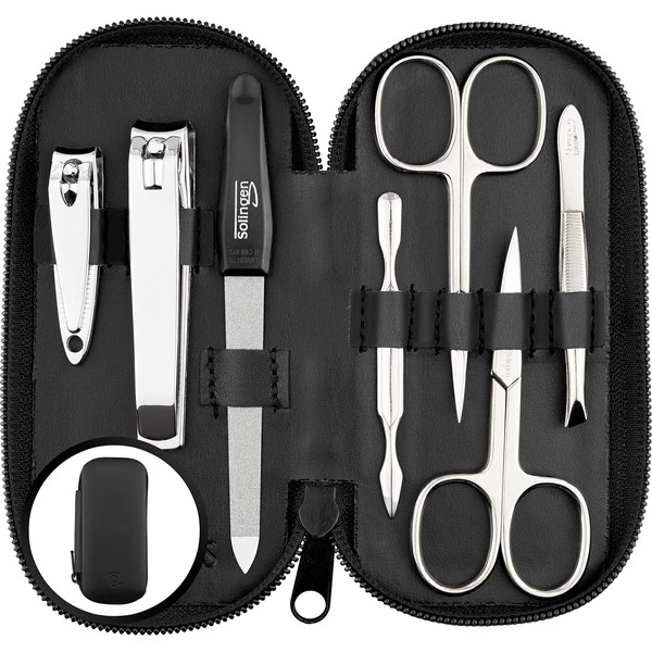 Solingen Manicure Set – Comparison Winner – Genuine Leather Case Handy and Soft – 7 Piece Complete Set for Men and Women marQus Made of Shiny Nickel-Plated Polished Steel