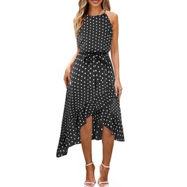 ECOWISH Polka Dot Womens Summer Dress Flowy Cute High Low Sleeveless Boho Criss Cross Halterneck Cocktail Midi Sundress 2025 Black Small