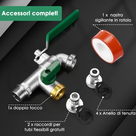 SPGOOD Garden Tap, Double Outlet Tap 1/2 Inch, Made of Brass, Rust and Frost-Proof, with 2 x Hose Connections, 1 x Roller Sealing Tape, Double Connection and Hose Nozzle for Garden (Green)
