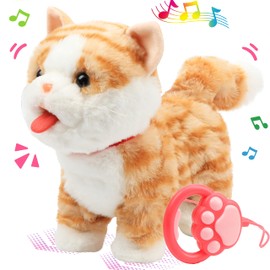 Easfan 13’’ Walking Kitty Electric Interactive Talking Musical Cat Plush Toy with Remote Control Leash Meowing Tail Wagging Christmas Birthday Gift for Kids Toddlers,Orange