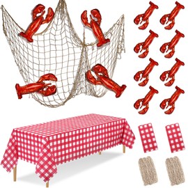 Silipull 12 Pcs Crawfish Boil Party Supplies Includes Lobster Balloons Crawfish Tablecloth Fish Net Decorative Aluminum Foil Balloons for Nautical Themed Birthday Party Decoration