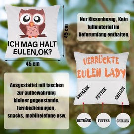 Merclix Owl Gifts Cushion Cover 45 x 45 cm with 3 Pockets Owl Decorative Owl Gifts for Women Owl Decoration Owl Gift Idea Owls Gifts for Girls Owls Gifts Decoration