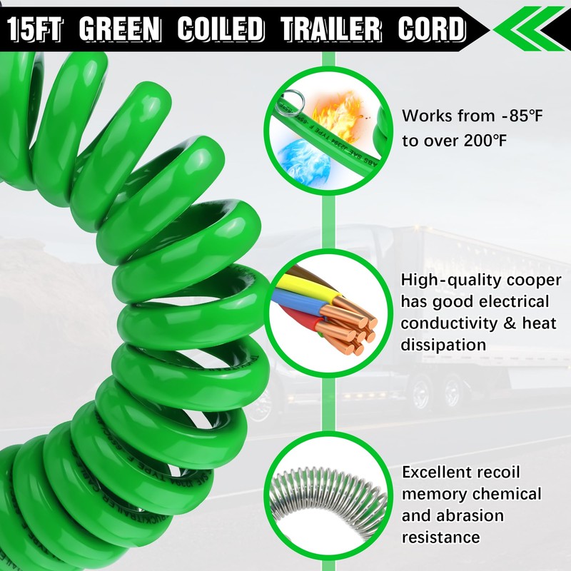 Ailbiuko 7 Way Coiled Cord 15 FT Green ABS Electrical