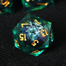 Handmade Skull Resin DND Dice Set 7-Piece Sharp Edge Polyhedral Dice for RPG & Dungeons and Dragons (Green Gold)