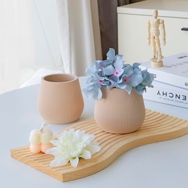 Koyal Wholesale 4" Desert Tan Ribbed Short Vases for Flowers, Fluted Flower Vase, Small Boho White Vase, Mid Century Modern Decor, Modern Living Room Table Vase Decor, Bulk Vases Centerpiece, Pack 6