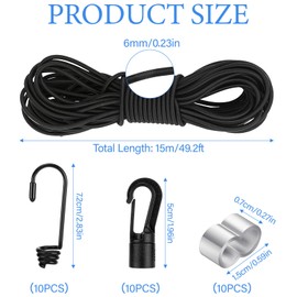 Farerkass Rubber Rope 15 m, Expander Rope 6 mm 15 m, Rubber Cord with 10 Spiral Hooks, 10 Choke Clamps, 10 Plastic Hooks, Elastic Rubber Cord for Trailer Tarpaulin, Camping, Sailing Tarpaulin Rope