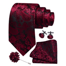 GUSLESON 3.15"（8cm） Mens Paisley Tie and Lapel Pin Necktie Hankerchief Cufflinks Set for Men, Burgundy Black, general