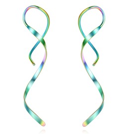 Spiral Threader Earrings, Stainless Steel Drop Dangle Handmade Twisted Linear Curved Dangling Minimal Earrings (Rainbow)