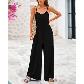 dowerme Women's Summer One Piece Jumpsuits 2025 Casual Spaghetti Strap Loose Wide Leg Long Pant Rompers With Pockets(Black,Small)