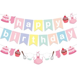 Baking Theme Macaroon Color Sweet Happy Birthday Bunting Garland Banner For Little Bakers Girls Kids Birthday Bakery Chef Cupcake Themed Party Supplies