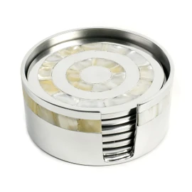 Baskerville & Sanders mother of pearl set of 6 round coasters ideal for a 30th wedding anniversary