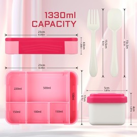 Salubohum Children's Lunch Box, 1330 ml Lunch Box, Bento Box, Lunch Box with Compartments, Leak-Proof, Suitable for Travel, School, Picnic (Pink)