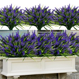 Geegoods 48 Bundles Artificial Plants Flowers Outdoor – Faux Lavender Flowers with Monkey Grass UV Resistant Plastic Faux Plants for Garden Porch Window Patio Hanging Planter Home Decor