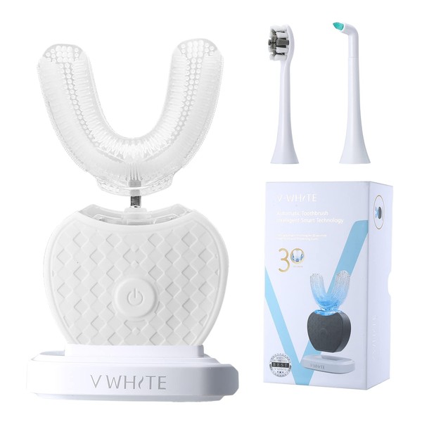 V-White - Ultrasonic U-Shaped Toothbrushes for Teeth Whitening for Adults - 360° Mouth Cleansing, Wireless Charging & LED Light - Waterproof Certified