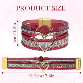 GZJINYUAN Heart Leather Wrap Bracelet for Women, Boho Cuff Bracelet with Strong Clasp, Rhinestone Multilayer Stackable Bracelet, One Size, Faux Leather, no gemstone