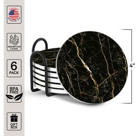 Emerson Coasters for Drinks Absorbent – Natural Stone Drink Saucers Set with Holder, Coasters for Coffee Table, Wooden Tabletop Protection Marble Style – 100% Heavy Duty Set of 6 (Streak)