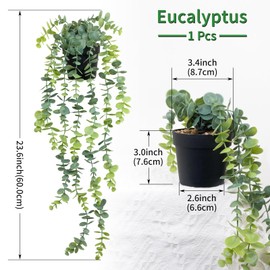LOYWREE Realistic Artificial Hanging Eucalyptus Potted Plant - Faux Greenery for Indoor and Outdoor Decor, Perfect for Shelves, Walls, Rooms, Homes, Offices, and Gardens (Black Pot)