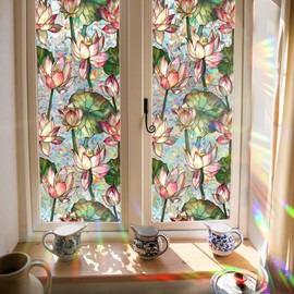Runtoo Window Privacy Film Rainbow Lotus Flower Window Clings 3D Decorative Vinyl Stained Glass Pink Floral Decals Static Sticker Non-Adhesive, 17 x 40 inches