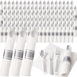 Joyido 200Guests Pre Rolled Silver Plastic Silverware Sets - Heavy Duty Silver Cutlery - Include 200 Pack Wrapped Disposable Utensils with Napkins for Parties & Dinners & Weddings