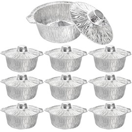 Frcctre 10 Pcs Disposable Aluminum Pot with Lid, Disposable 2 Liter Round Foil Pan Food Container for Camping Vacation Trips Picnic Heating Cooking
