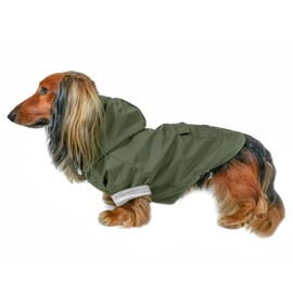 DJANGO Highland Dog Jacket & Raincoat – Water-Repellent, Lined Dog Coat with Hood, Adjustable Fit & Harness Hole – Lightweight Rain & Wind Jacket for Small & Medium Dogs up to 30 lbs (Olive, Large)