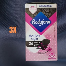 3 Packs of Bodyform Dailies Panty Liners | 26 Black Panty Liners for Women per Pack