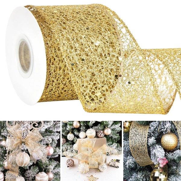 Gold Glitter Mesh Wired Ribbon, Gold Glitter Ribbon Wire Mesh