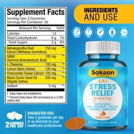 6-in-1 Stress Relief Gummies 60ct - Aids Relaxation with Ashwagandha, GABA, L-theanine, Lemon Balm, Chamomile, Black Cumin Seed Nigella Sativa. Improved Deep Sleep, Joint Support - 60 gummies