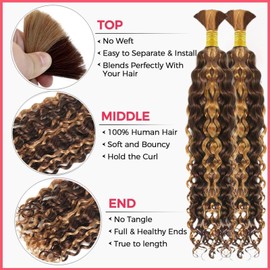 Water Wave Bulk Human Hair for Braiding 2 Bundles Human Braiding Hair Highlight P4/27 Boho Braids No Weft Human Hair Extensions Wet and Wavy Human Hair for Boho Knotless Braids (22 inch/100g)