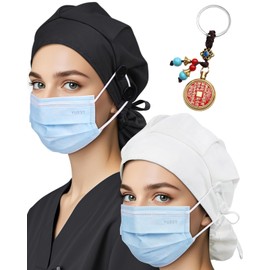 2 Pack Classic Scrub Caps for Women Ponytail, Satin Lined Surgical Caps for Women with Bottons & Sweatband, White+black, One Size