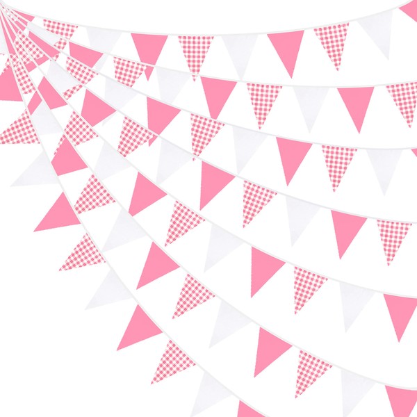 32Ft Pink White Plaid Fabric Bunting Banner Party Decorations Checkered