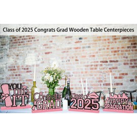 4Pcs Pink Graduation Decorations Class of 2025 Congrats Grad Wooden Table Centerpieces Grad Table Toppers Congratulate Tiered Tray Decor You Did It Graduation Party Decorations 2025 (Pink)