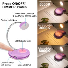 LUXSWAY Rechargeable Book Light for Reading, 3 Brightness Levels, Portable Reading Lamp for Books Clip-on, Eye Care Book Light for Kid with Flexible Neck, Bookmark Light for Adult Bookworm -Violet