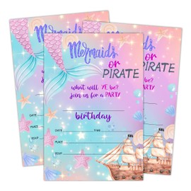 Doreen's Boutique Birthday Invitations, Mermaid or Pirate Party Decorations, Supplies, Mermaid Kids Teen Birthday Party Celebration Favors for Boys or Girls - Pack of 20 Cards with Envelopes (001)