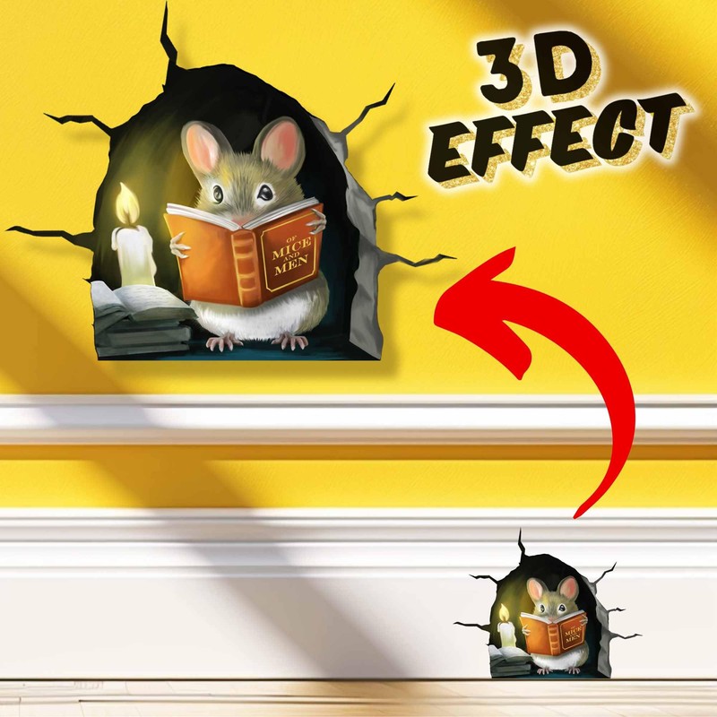 3D Mouse Reading Book in Mouse Hole, Decal Sticker, Removable