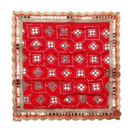 Decorative Mat Aasan Velvet Pooja Cloth Decorative Cloth Sequence Work (Size:- 14 Inches X 14 Inches) Multipurpose Pooja Indian Traditional Cultural New year Festival Decorations Item & Article(Red)