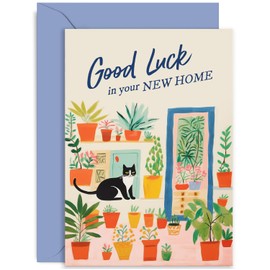 Old English Co. Good Luck In Your New Home Card for Couple - Cat and House Plants Quirky Design for Him or Her - Housewarming Card - Moving Card for Him or Her | Blank Inside with Envelope