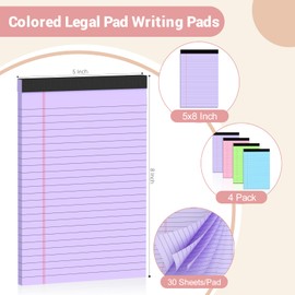 Roneky Legal Pads 5x8 Colored Note Pads, 4 Pack College Ruled Notepads 5x8 Lined Paper, Colored Notebook Paper Writing Pads 30 Sheets per Colored Paper Small Legal Pads 5x8 for Home Office School Supplies