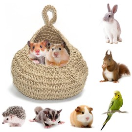 Hanging Woven Basket House for Pet, Foldable Jute Twine Hammock Holder Home, Ideal Cage for Hamsters, Birds, Sugar Gliders, Squirrels, Hedgehogs, Rabbits and Guinea Pigs