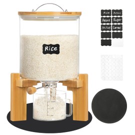 HBlife 8-10 Lbs Glass Rice Dispenser with Wooden Stand Flour and Cereal Container with Glass Measuring Cup Pantry Food Organization Storage Bin with Airtight Bamboo Lid, 5L (Lable)