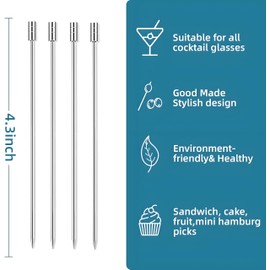 15 Pieces Stainless Steel Cocktail Picks Cylindrical Metal Martini Picks 4.3 inch Silver
