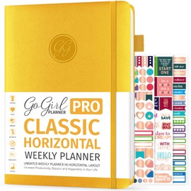 GoGirl Planner PRO - Undated Horizontal Layout Weekly Planner and Organizer + Budgeting and Expense Tracking Pages, Goals Journal & Agenda, 18 x 25.5cm, Hardcover, Lasts 1 Year - Amber Yellow