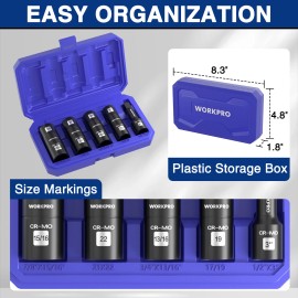 WORKPRO 5PCS Impact Socket Set 1/2" Drive Lug Nut Socket Set Metric and SAE Size